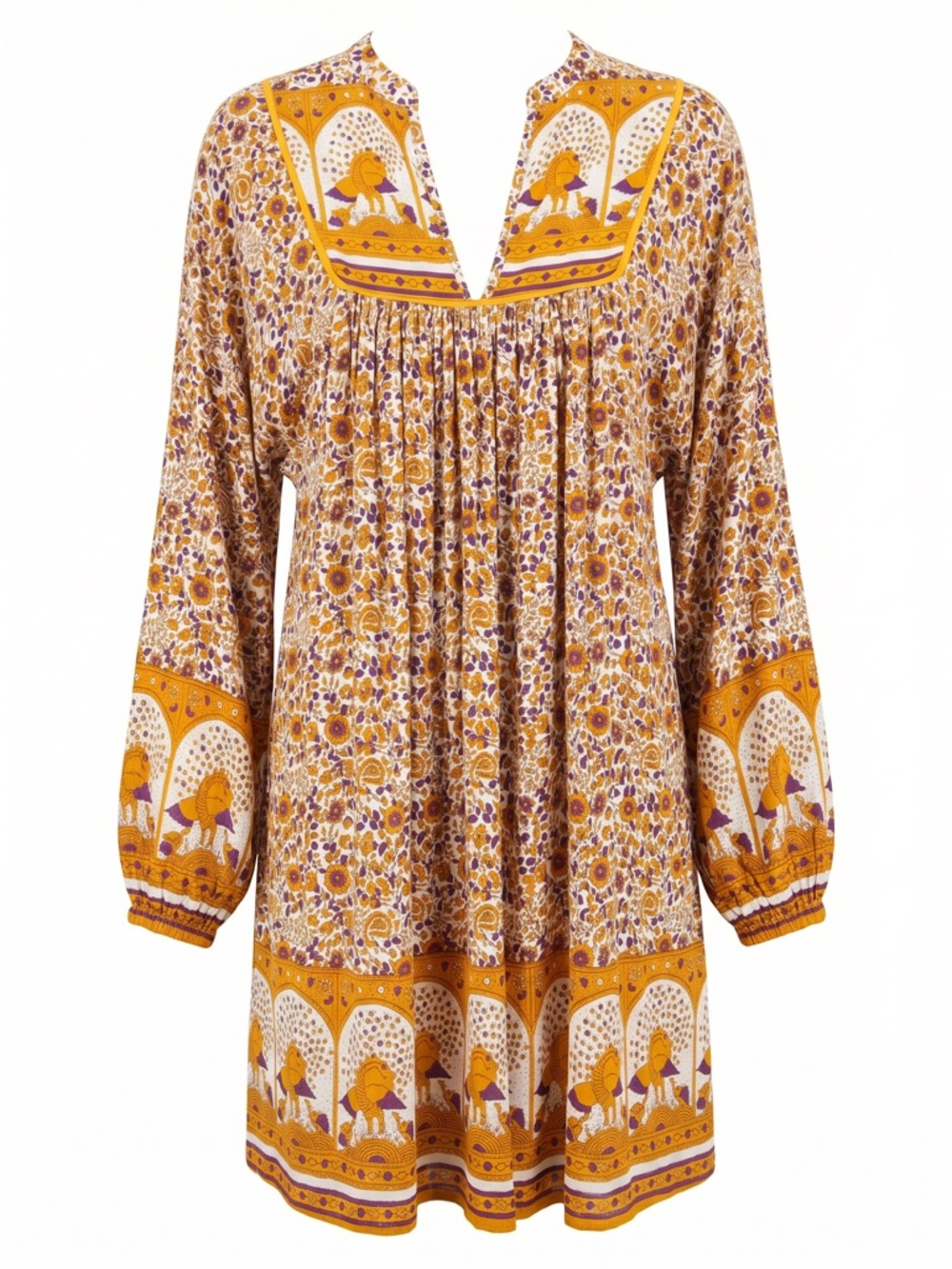 Modern Soul Mustard Yellow Purple Boho Floral Mini Dress Babydoll Festival Flowy